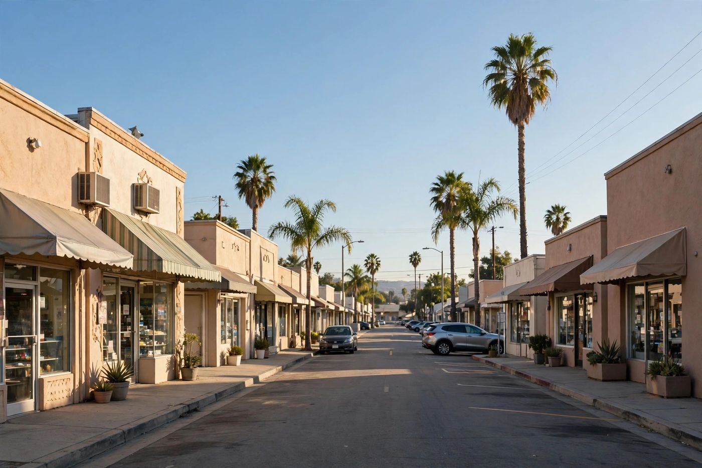 A sunny Southern California commercial corridor of small storefronts