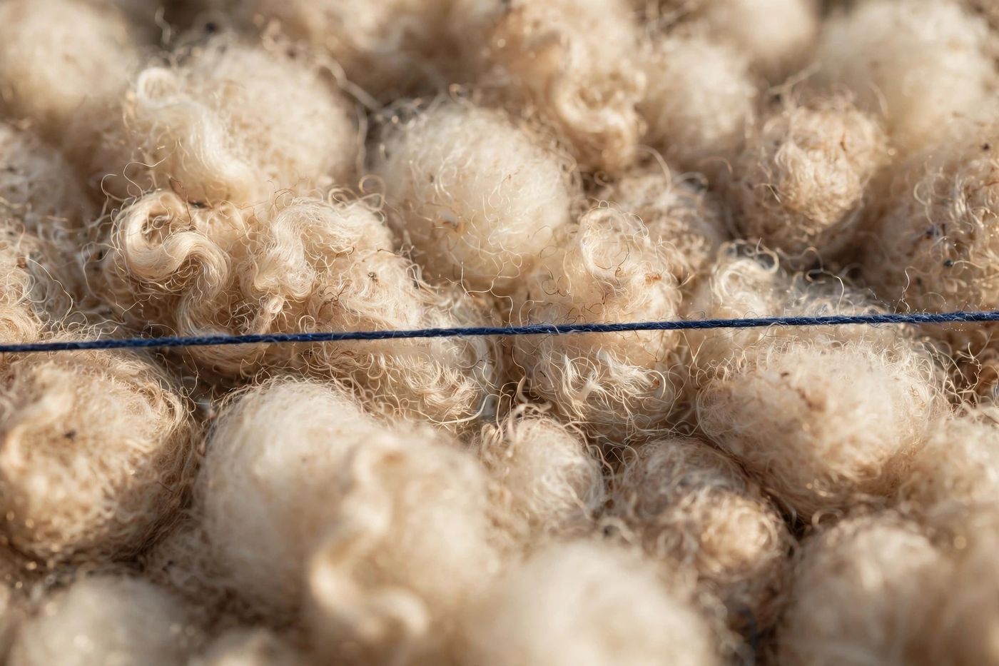 Close view of undyed wool carpet pile with one indigo weft thread running through it