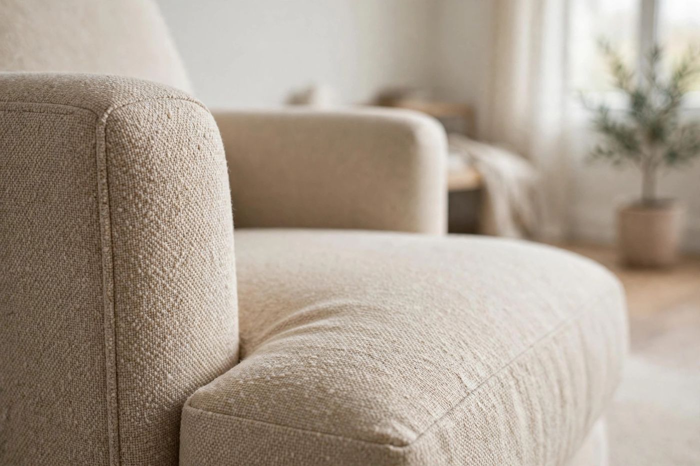 Clean upholstered armchair fabric in soft daylight